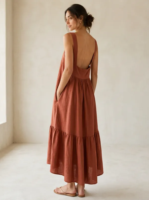 Women's Bohemian Casual Tiered Linen Maxi Backless Dress