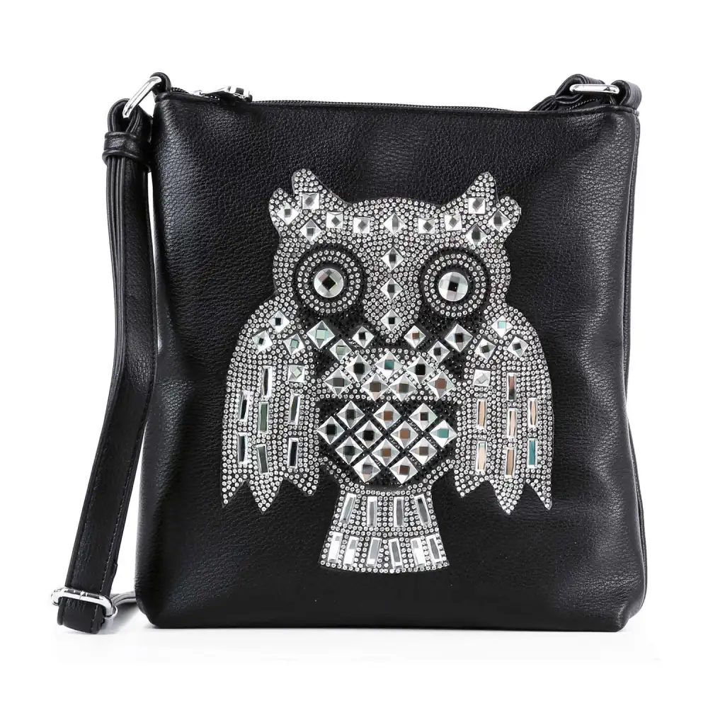 Crystal Accent Pocketed Owl Motif Faux Leather Crossbody Sling Bag