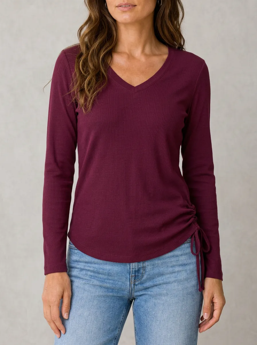 Women's Casual Burgundy Ribbed Side-Tie V-Neck Long Sleeve T-Shirt