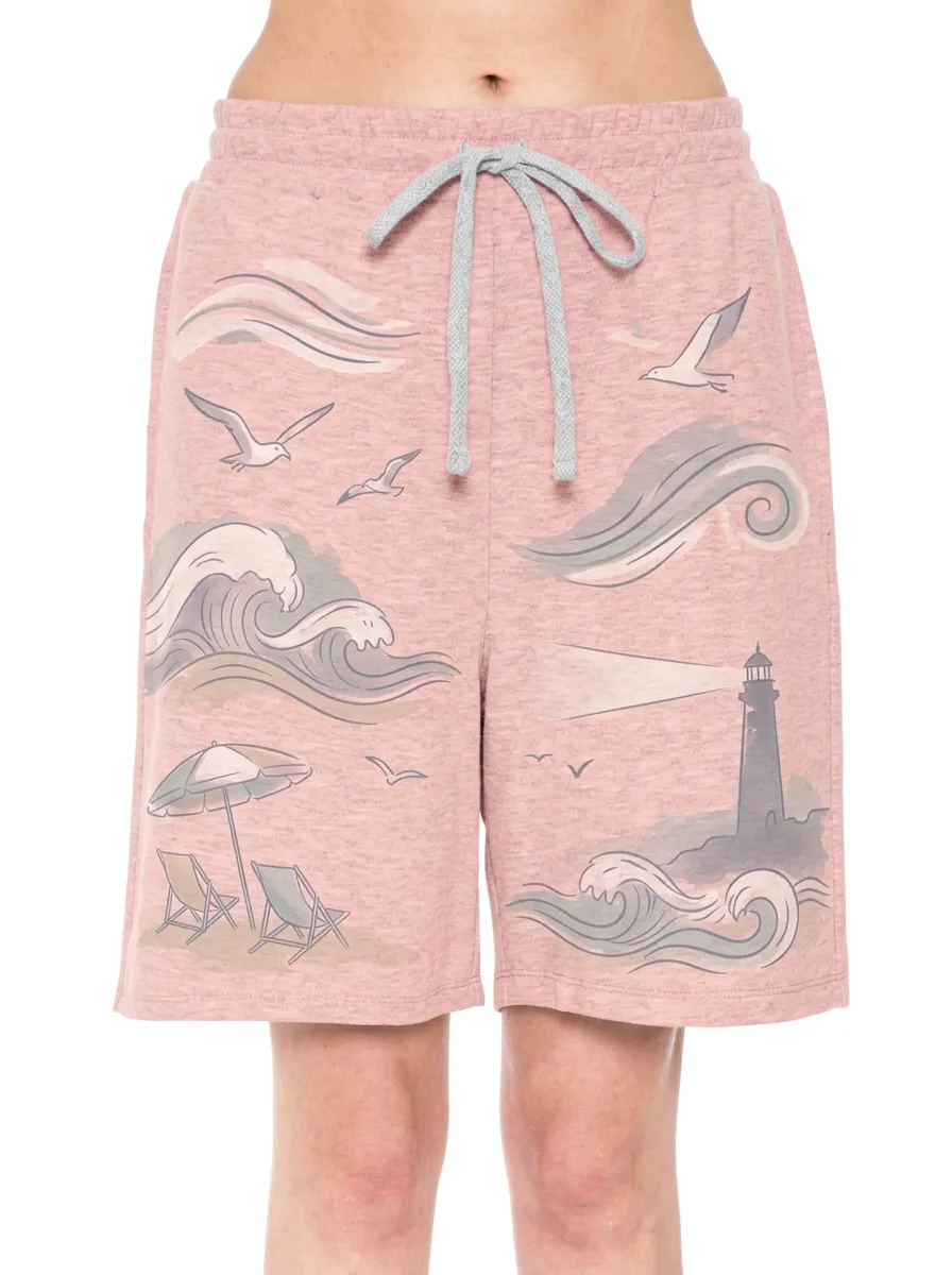 Women's Coastal Lighthouse Ocean Waves Graphic Shorts