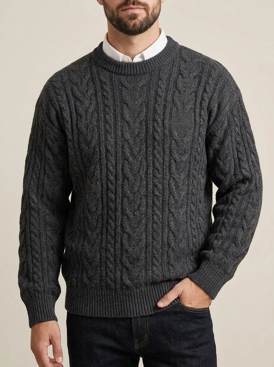 Men's Charcoal Grey Crewneck Cable Knit Sweater