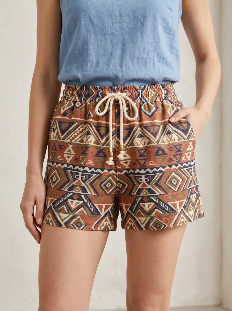 Women's Boho Tribal Pattern Beaded Drawstring Printed Shorts