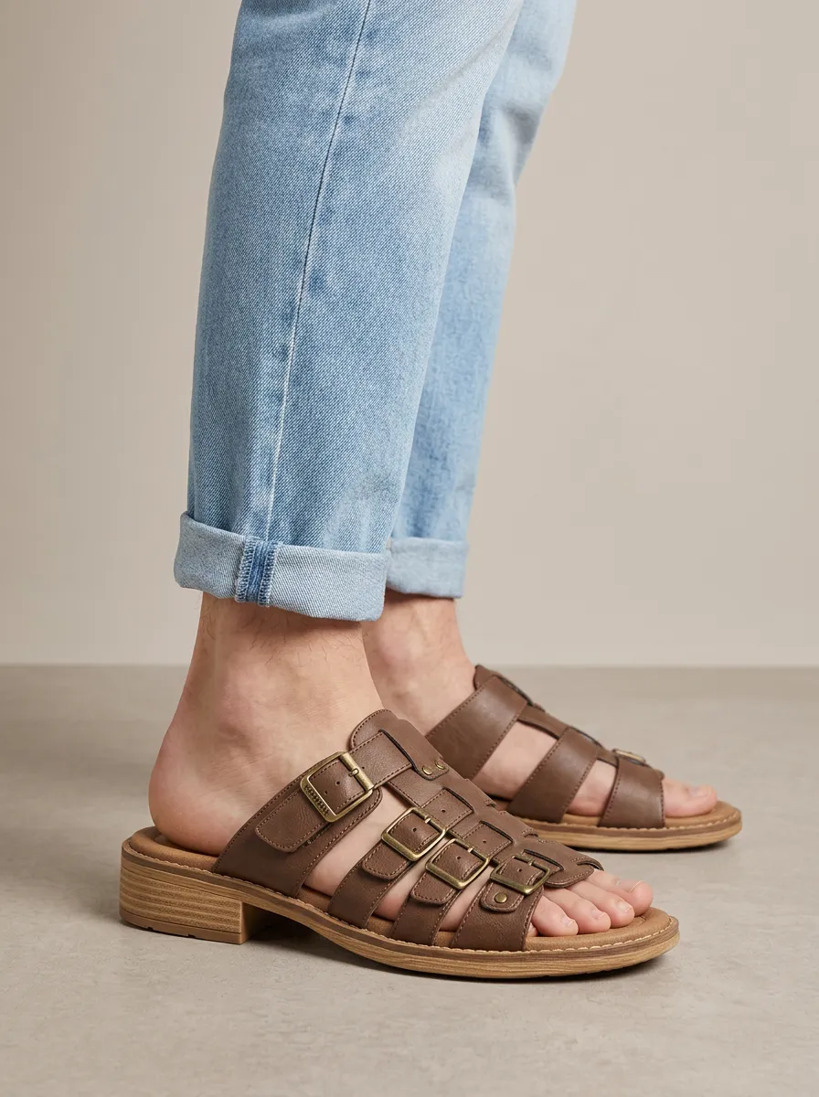 Men's Brown Faux Leather Multi-Buckle Printed Sandals
