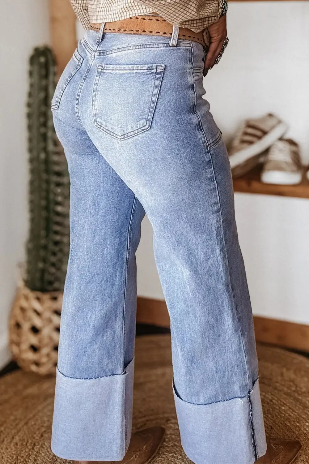 Women's Turn-up Cuffs Loose Jeans