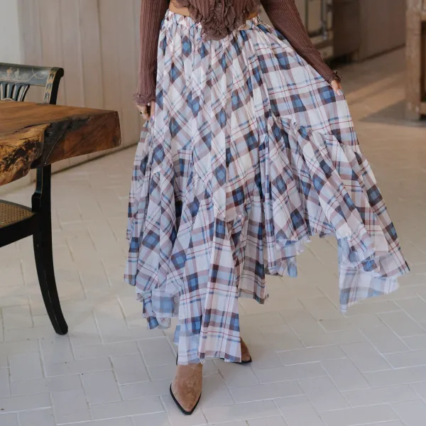 Refined Plaid Mid Rise Maxi Skirt