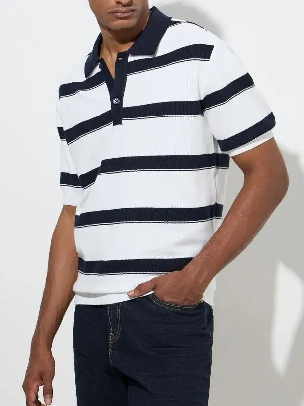Navy Loose Cotton-Blend Polo Shirt