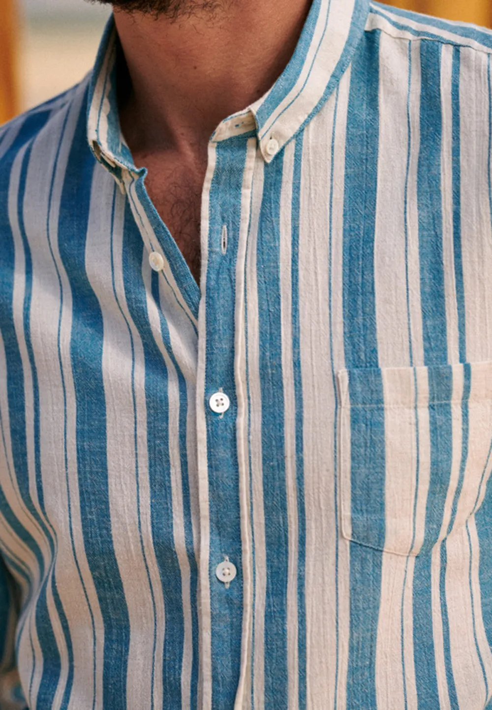 Blue Turquoise Stripe Cotton Linen Blend Shirt