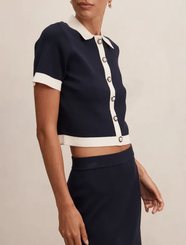 Navy White Trim Knit Button-Through Crop Top