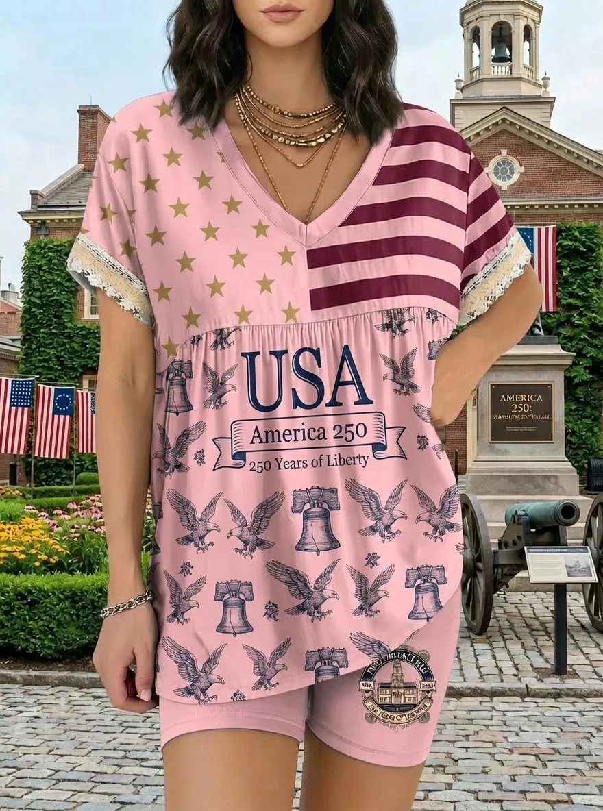 Women's USA 250th Anniversary Eagle Liberty Bell Printed Outfit Set