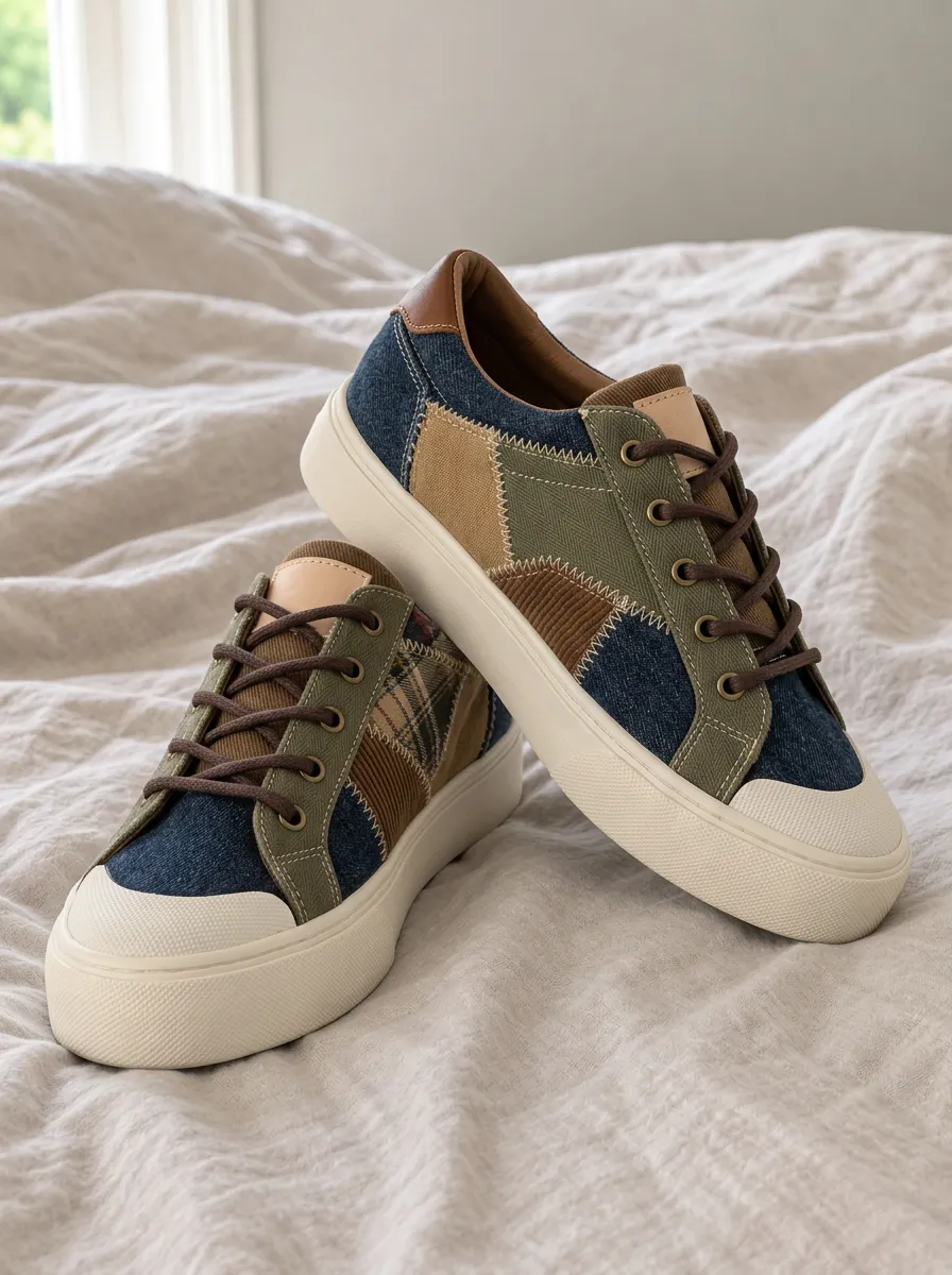 Men's Patchwork Plaid Denim Printed Canvas Shoes