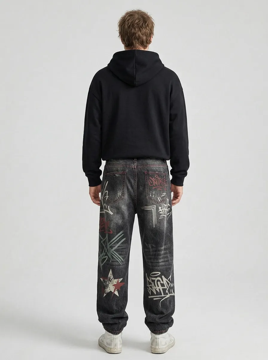 Unisex Urban Streetwear Graffiti Star Baggy Jeans