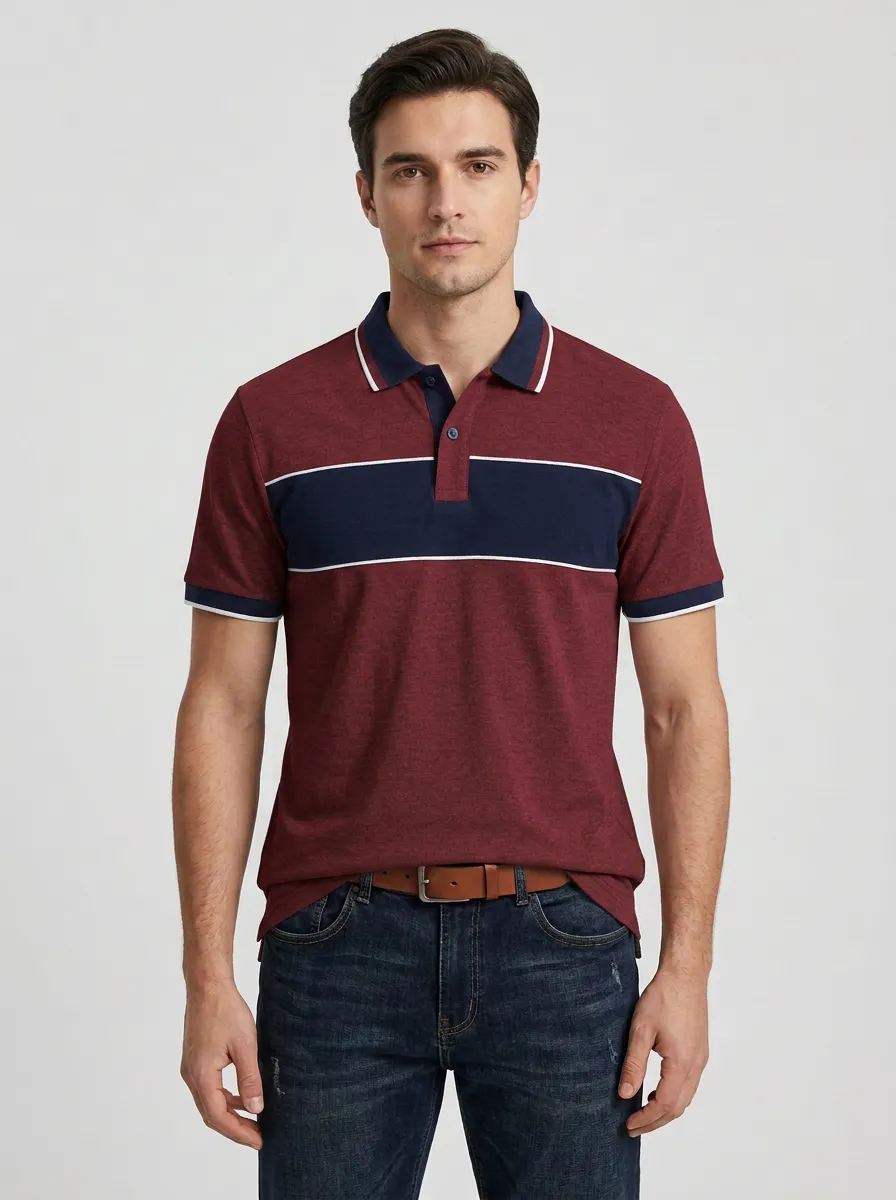 Men's Grey Navy Chest Panel Contrast Trim Polo Shirt