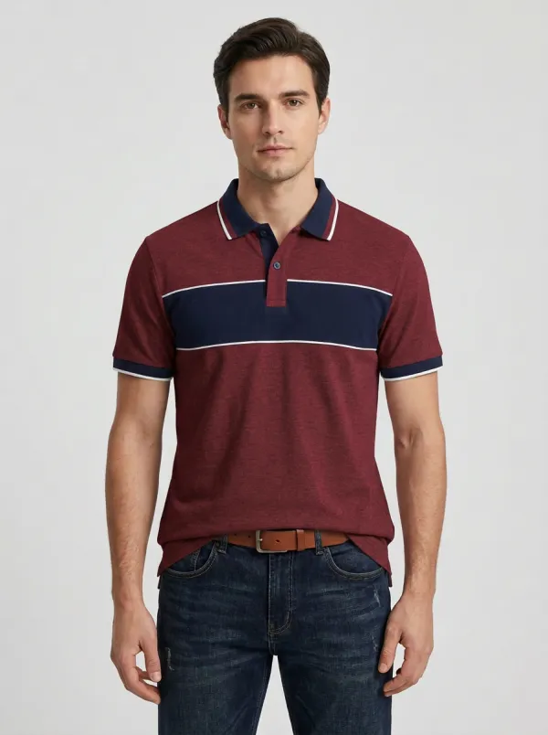 Men's Grey Navy Chest Panel Contrast Trim Polo Shirt