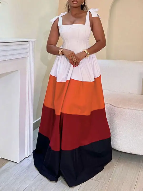 High Tied Pleated Neck Maxi Dress