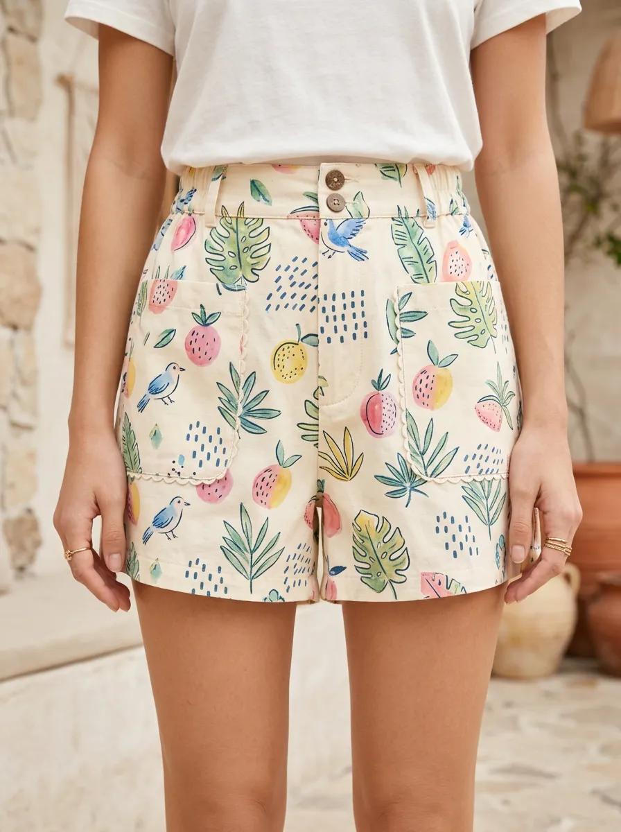Women's Tropical Fruit Bird Botanical Printed Shorts