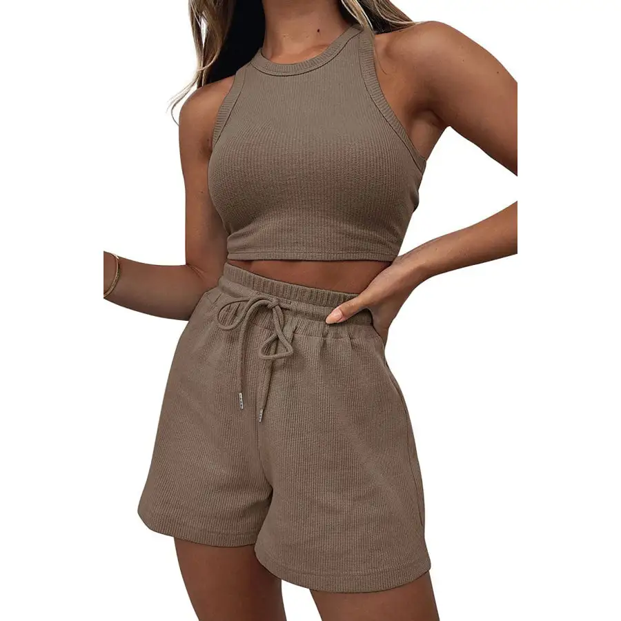 Relaxed Round Neck Top and Drawstring Shorts Set