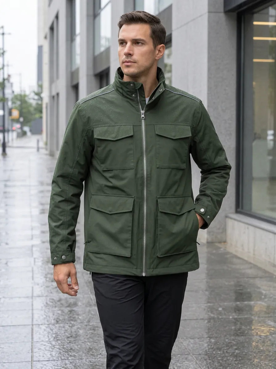 Men's Olive Green Waterproof Field Jacket with Adjustable Cuffs and a Chest Pocket