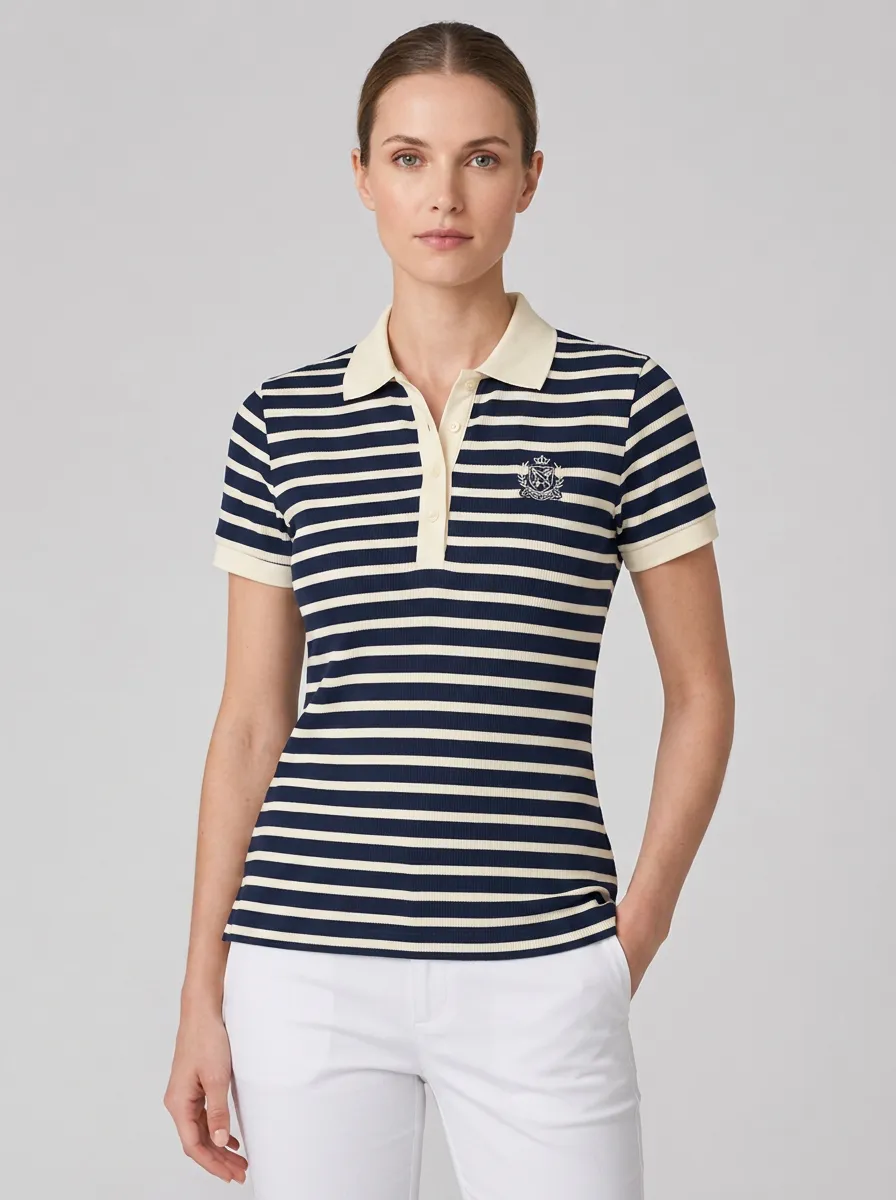Women's Equestrian Lover Striped Crest Printed and Striped Crest Polo Shirt