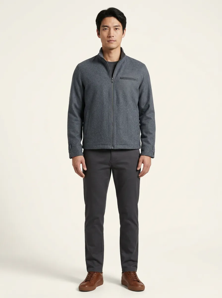 Men's Dot-Graphic Zip-Chest Stand-Collar Jacket