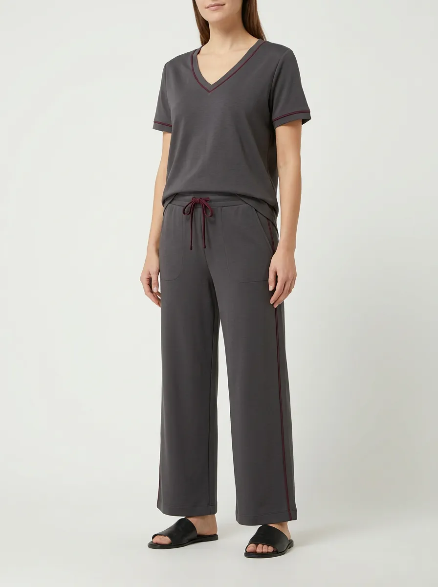 Women's Contrast-Piping V-Neck T-Shirt and Wide-Leg Pants Set