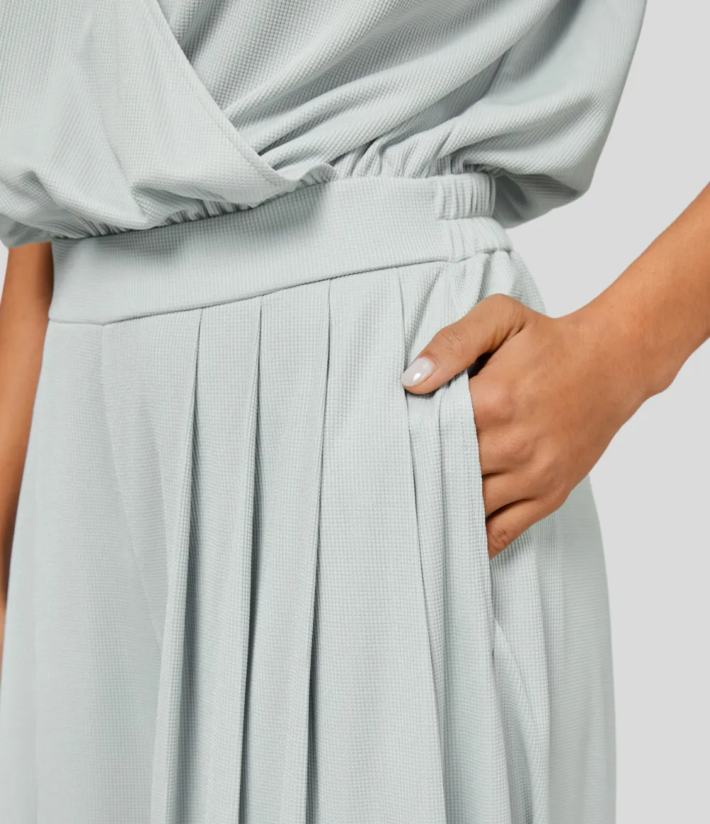 V Neck Short Sleeve Plicated Side Pocket Wide Leg Flowy Waffle Casual Jumpsuit