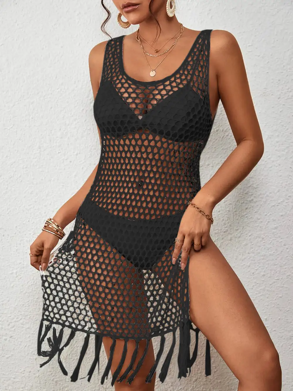 Cutout Wide Strap Cover Up With Tassel