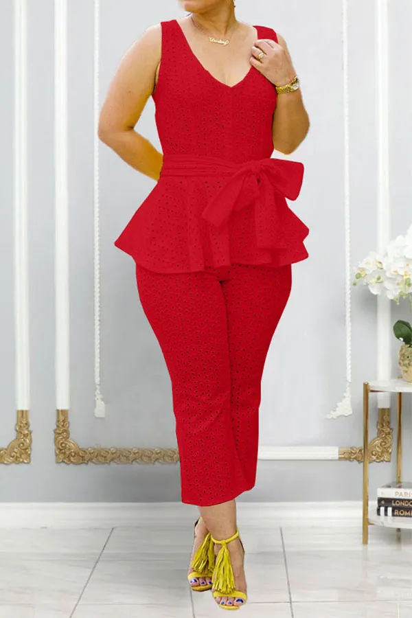Solid Color Peplum Belted Pant Set