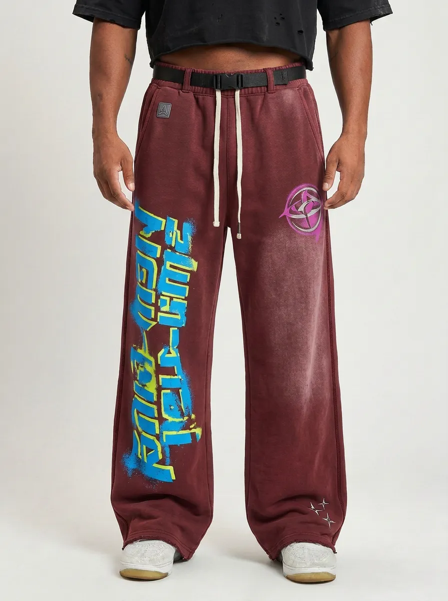 Men's Streetwear Graffiti Logo Acid Wash Printed Sweatpants