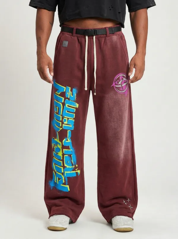 Men's Streetwear Graffiti Logo Acid Wash Printed Sweatpants