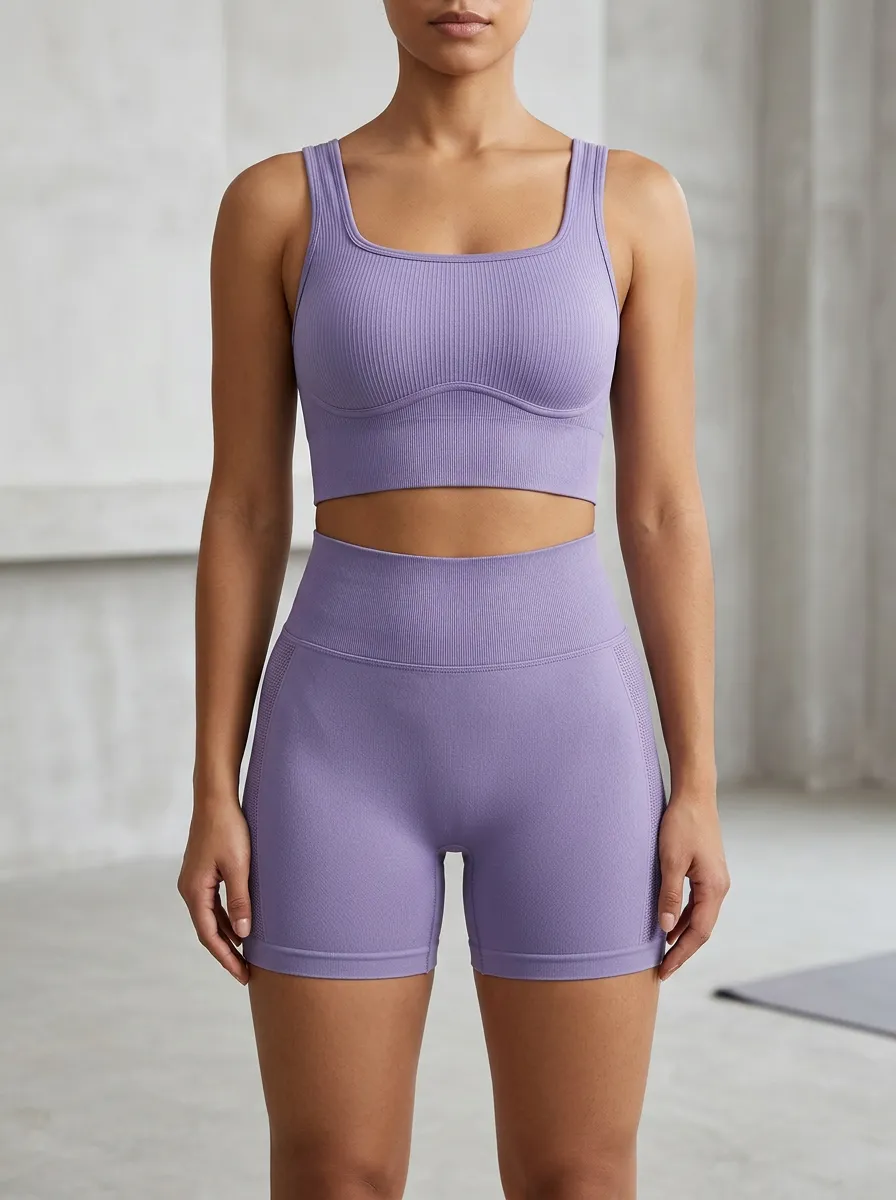 Contemporary Ribbed Texture Seamless Design Shape Women's Tank Top And Sports Shorts Set