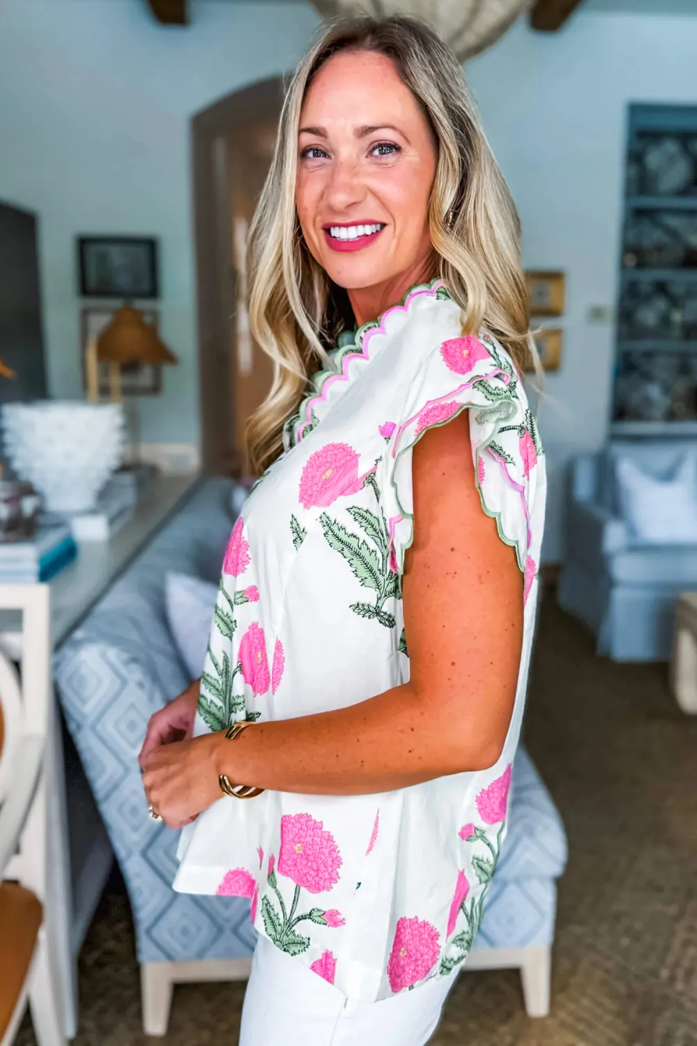 Pink Wild Flower Print Contrast Blouse