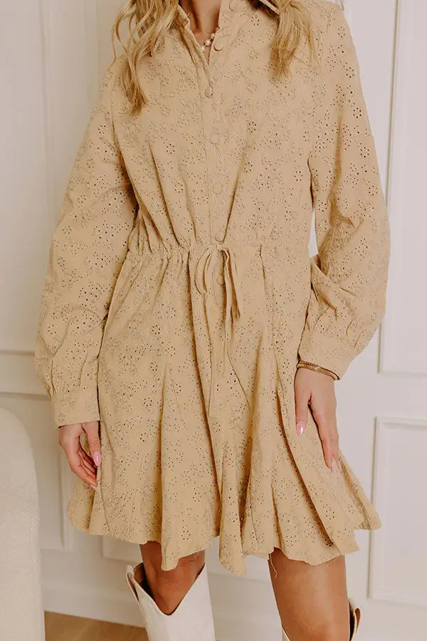 Embroidered Collared Long Sleeve Fit-and-Flare Mini Dress