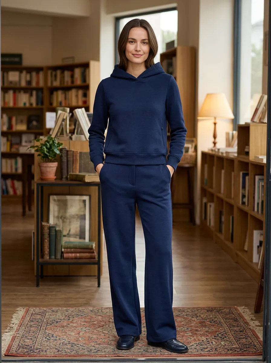 Women's Navy Blue Solid Color Long Sleeve Hoodie Straight Leg Pants Set
