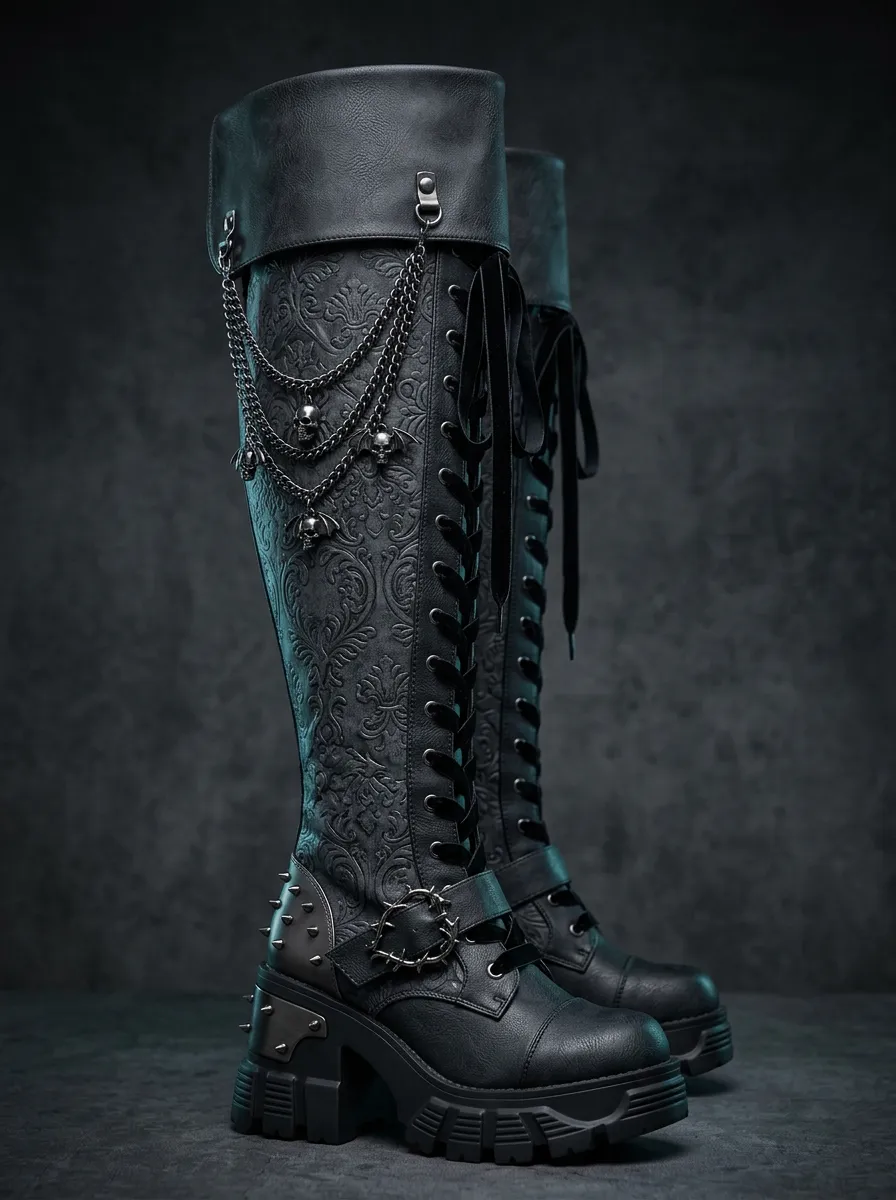 Gothic Revival Skull Damask Chain Dark Look Women's Gothic Platform Boots