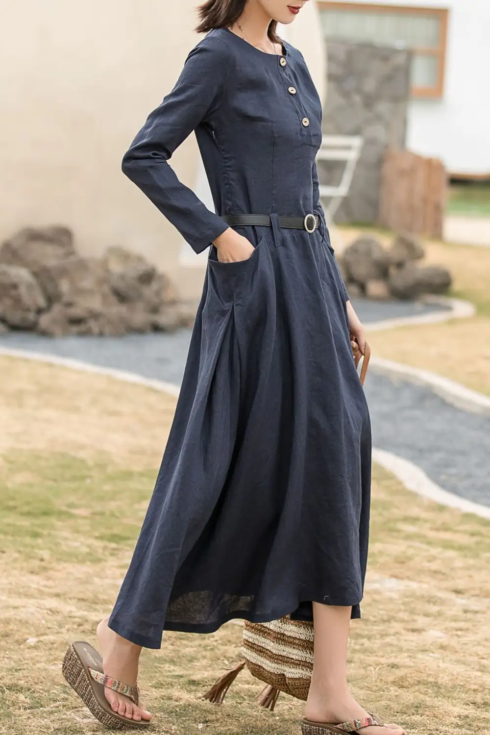 Clean Line Linen Long Sleeve Maxi Dress