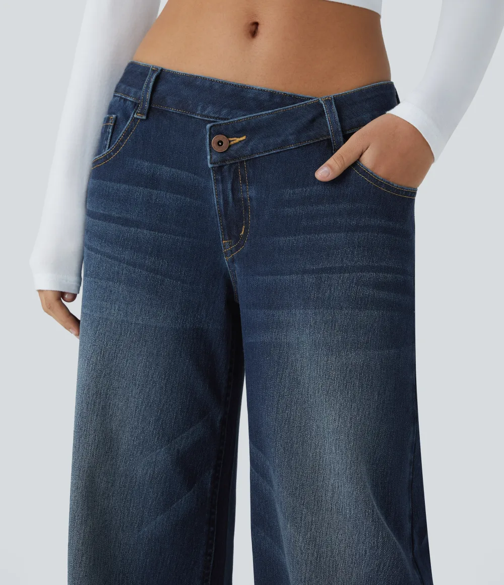 Asymmetric Low Rise Zipper Pockets Baggy Wide Leg Washed Casual Jeans