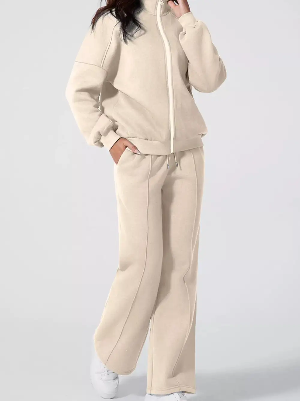 Drop Shoulder Zip Up Jacket And Drawstring Pants Active Two Piece Set