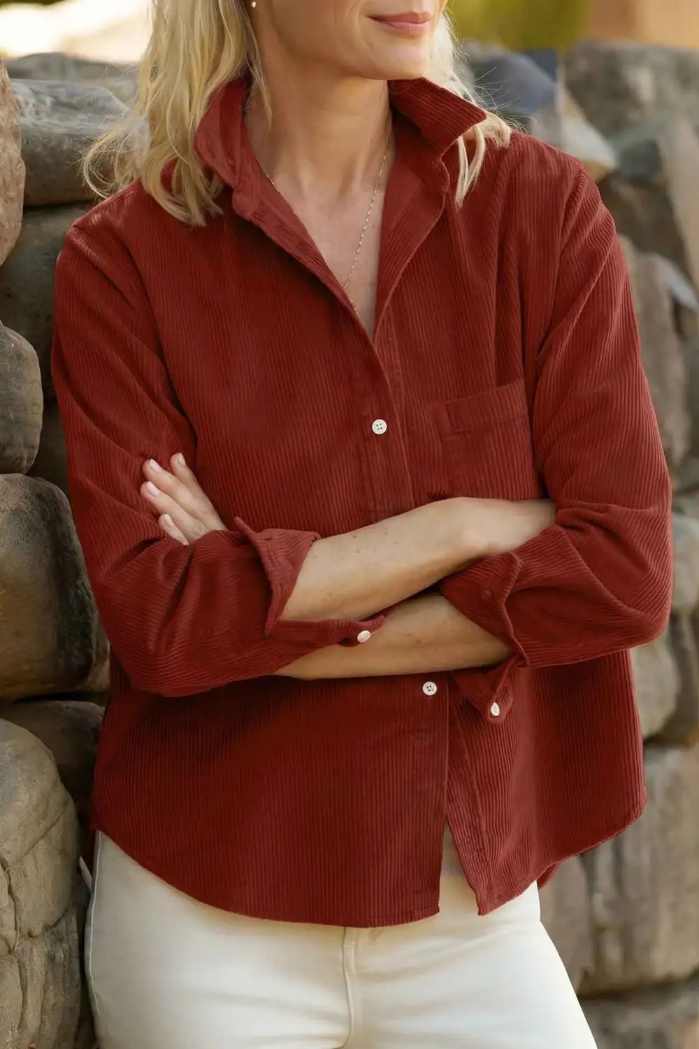 Women's Corduroy Long Sleeve Cuffed Sleeve Blouse