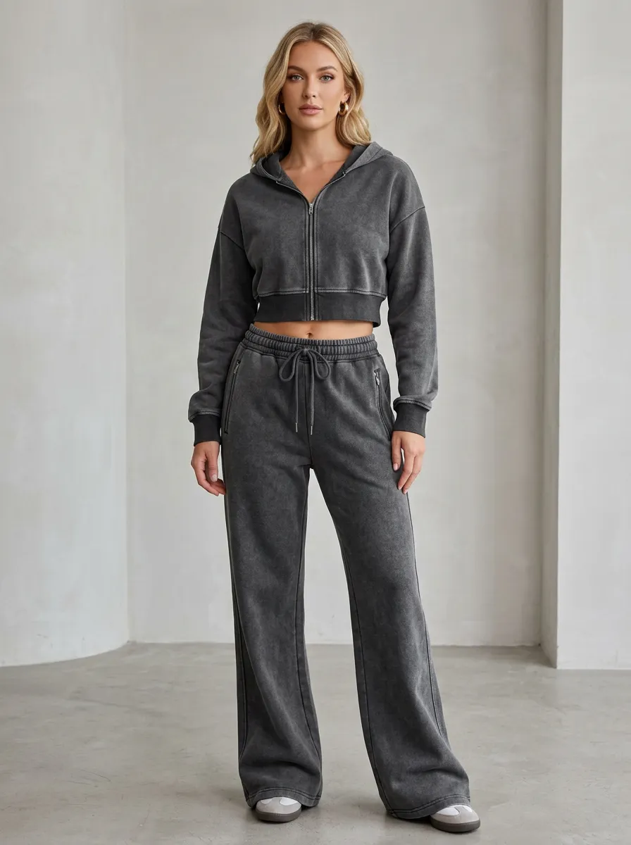 Women's Classic Acid Wash Sport Inspired Cropped Hooded Jacket and Flare Pants Active Set