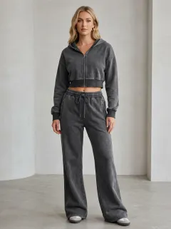 Women's Classic Acid Wash Sport Inspired Cropped Hooded Jacket and Flare Pants Active Set