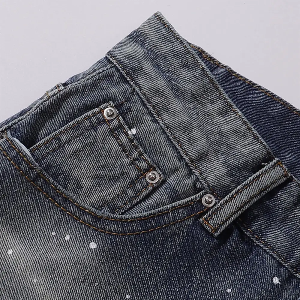 Wide Leg Distressed Splatter Print Denim Jeans