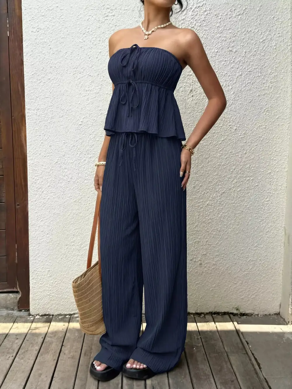Textured Tube Top and Wide Leg Pants Set