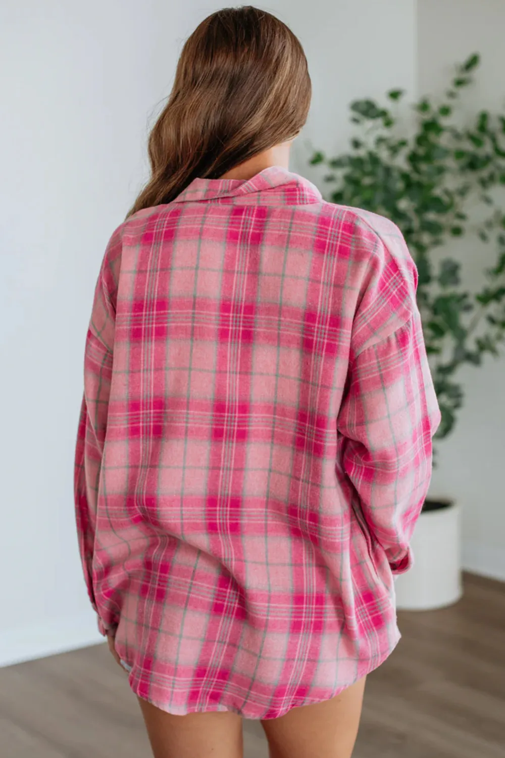 Sachet Pink Plaid Print Rounded Shirt