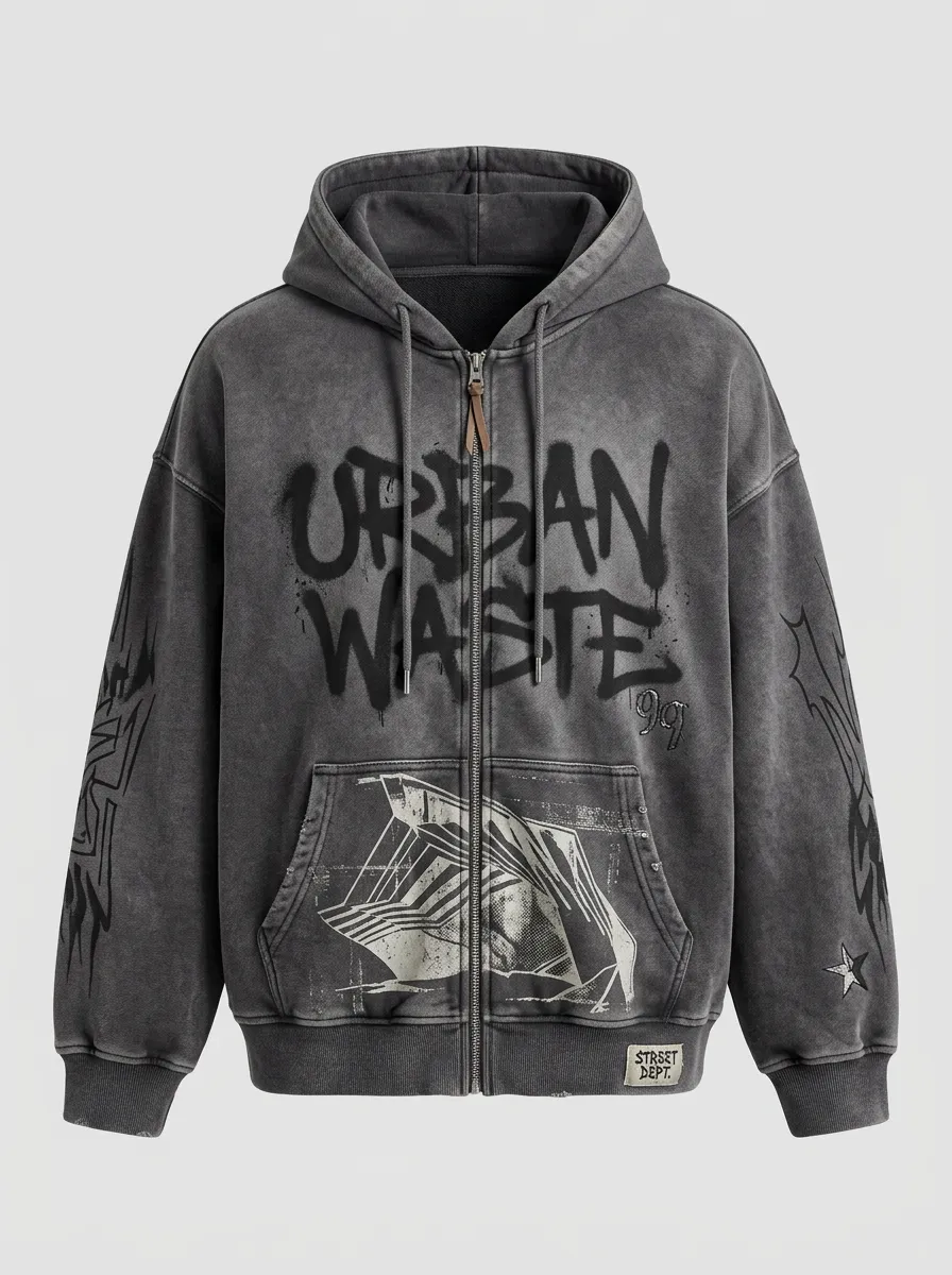 Unisex Streetwear Urban Waste Graffiti Printed Zip-up Hoodie