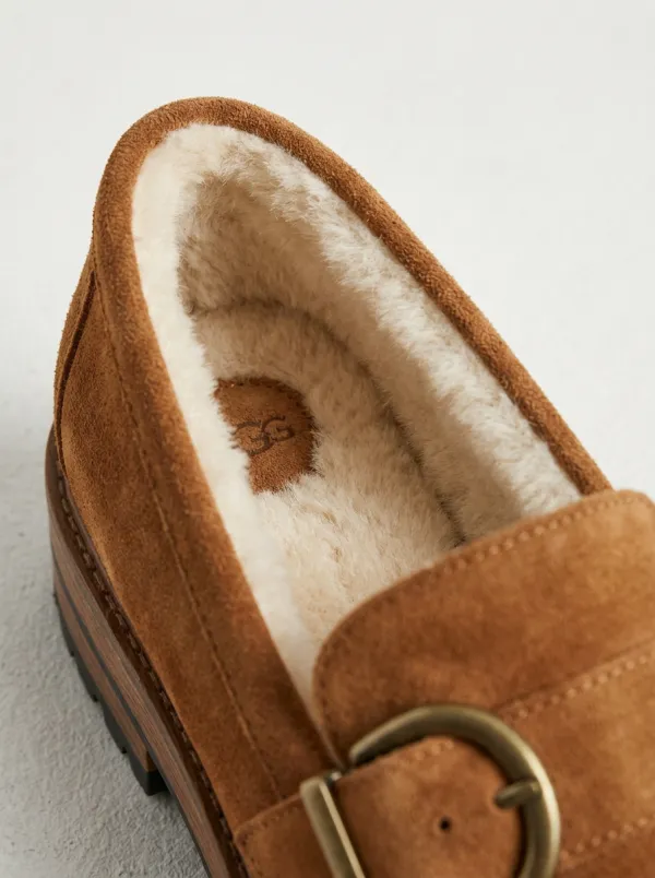 Women's Classic Faux Fur Lined Buckle Detail Suede Wood Sole Loafers
