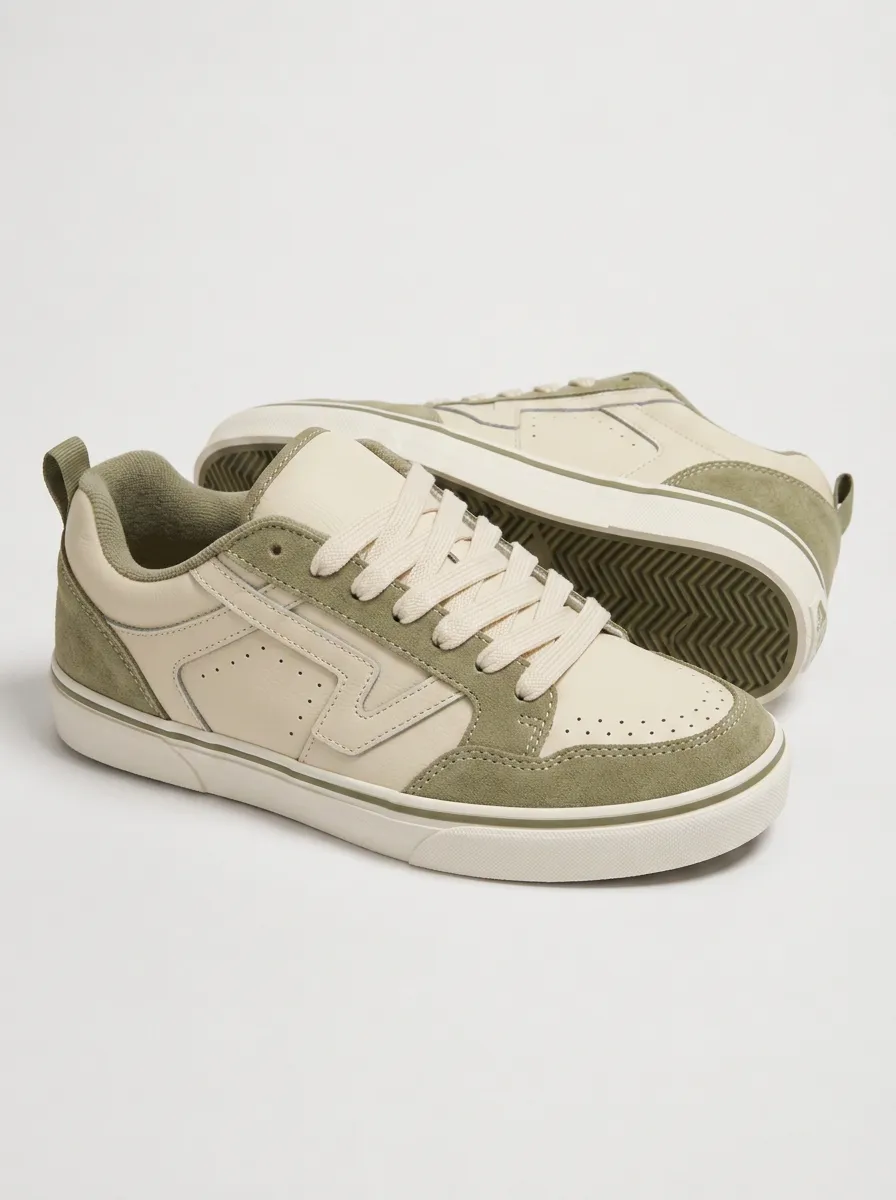 Women's Casual Style Olive Green Cream Paneled Printed Sneakers
