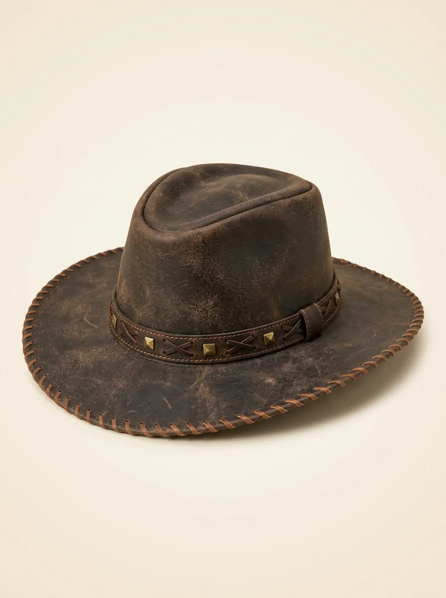 Distressed Leather Cowboy Hat with Stud Details