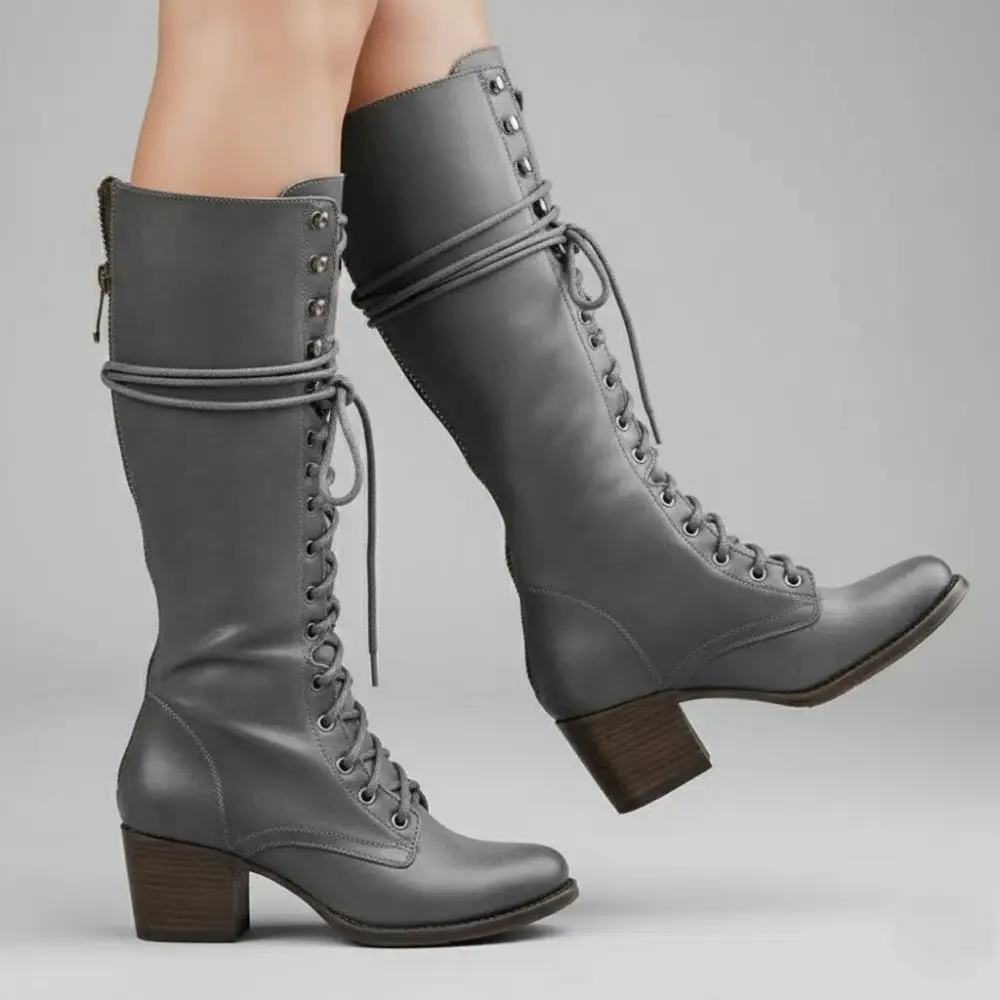 Lace Up Knee Tall Boots Block Heel Modern Tall Combat Boots