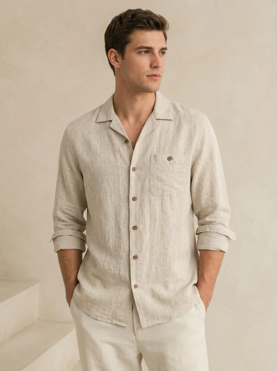Men's Minimalist Beige Linen Blend Camp Collar Button Up Shirt