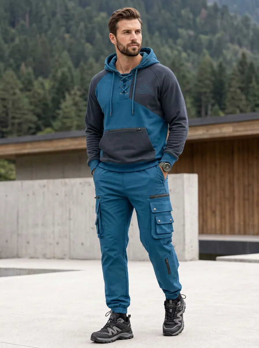 Daily Lace-Up Mountain Graphic Casual Look Men's Lace Up Hoodie And Cargo Jogger Set